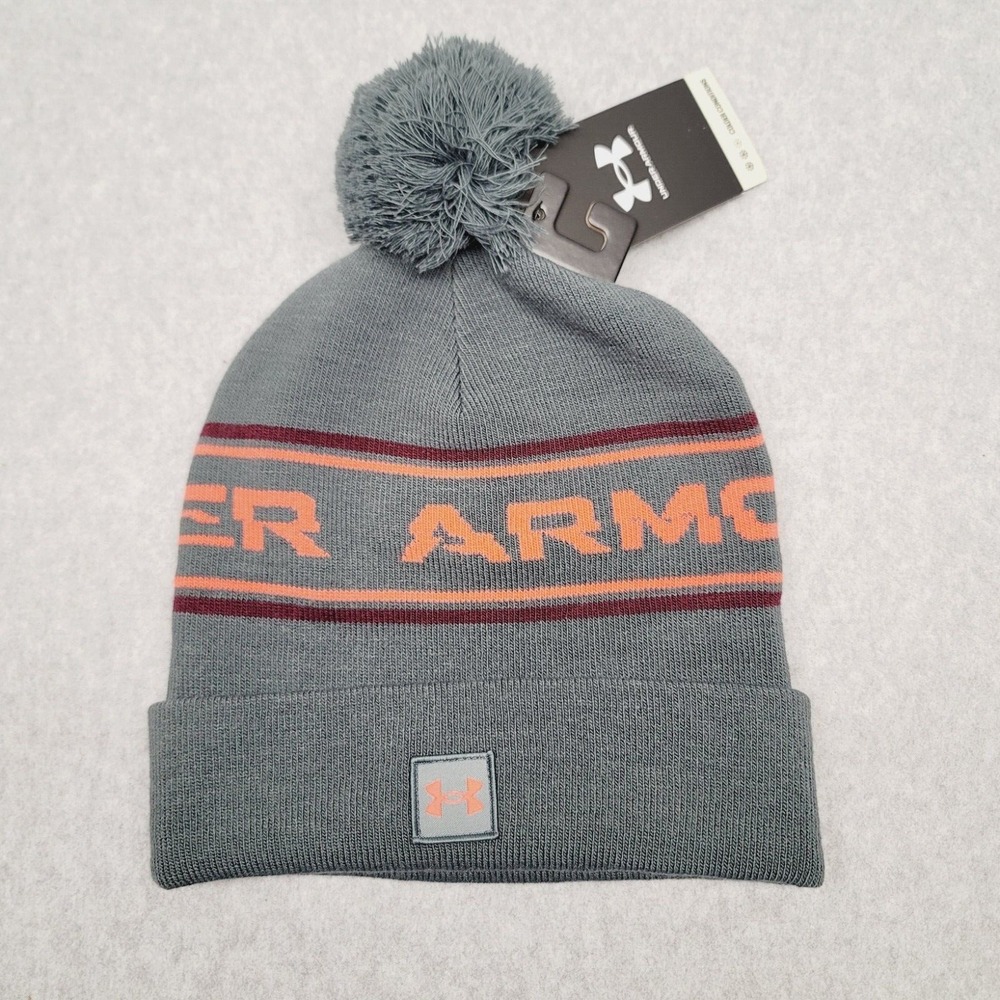 Under Armour Halftime Pom Beanie Unisex Gray/Red‎ Classic Cuff Knit Hat Cap